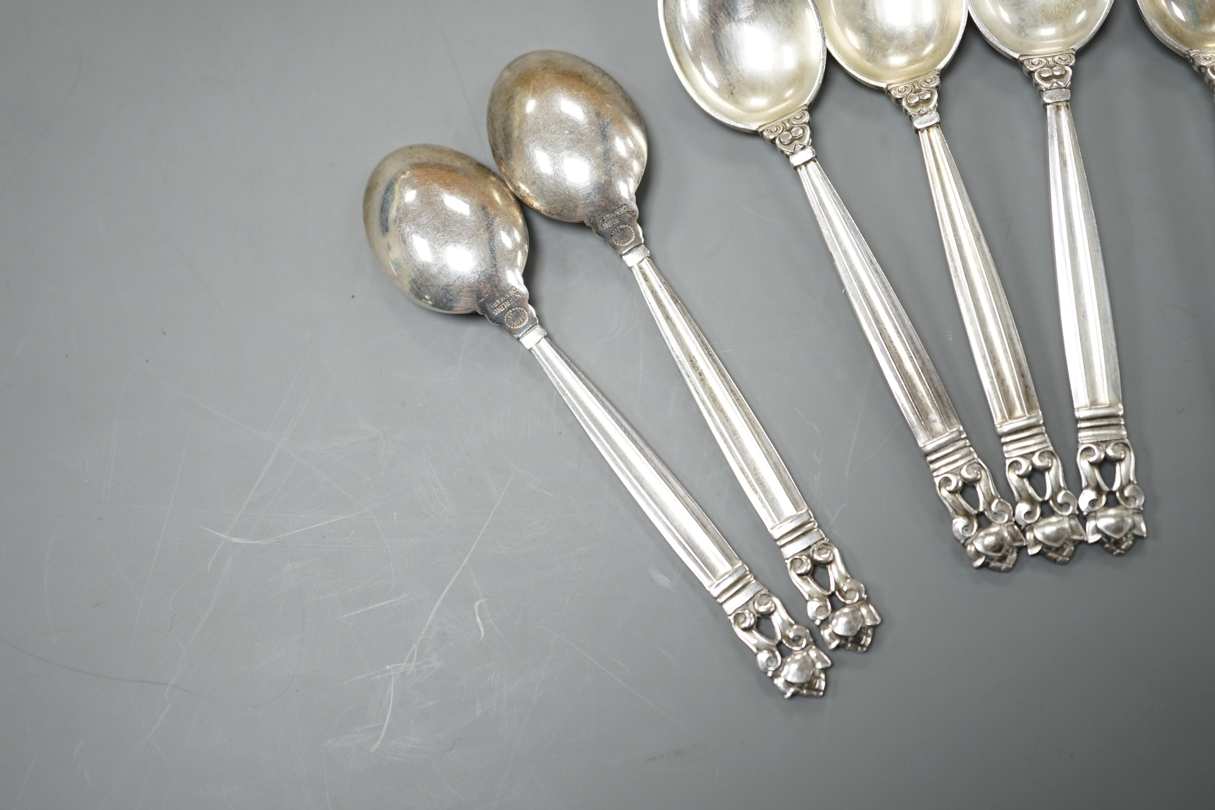 A set of six Georg Jensen 925 sterling coffee spoons, 95mm, 77 grams.